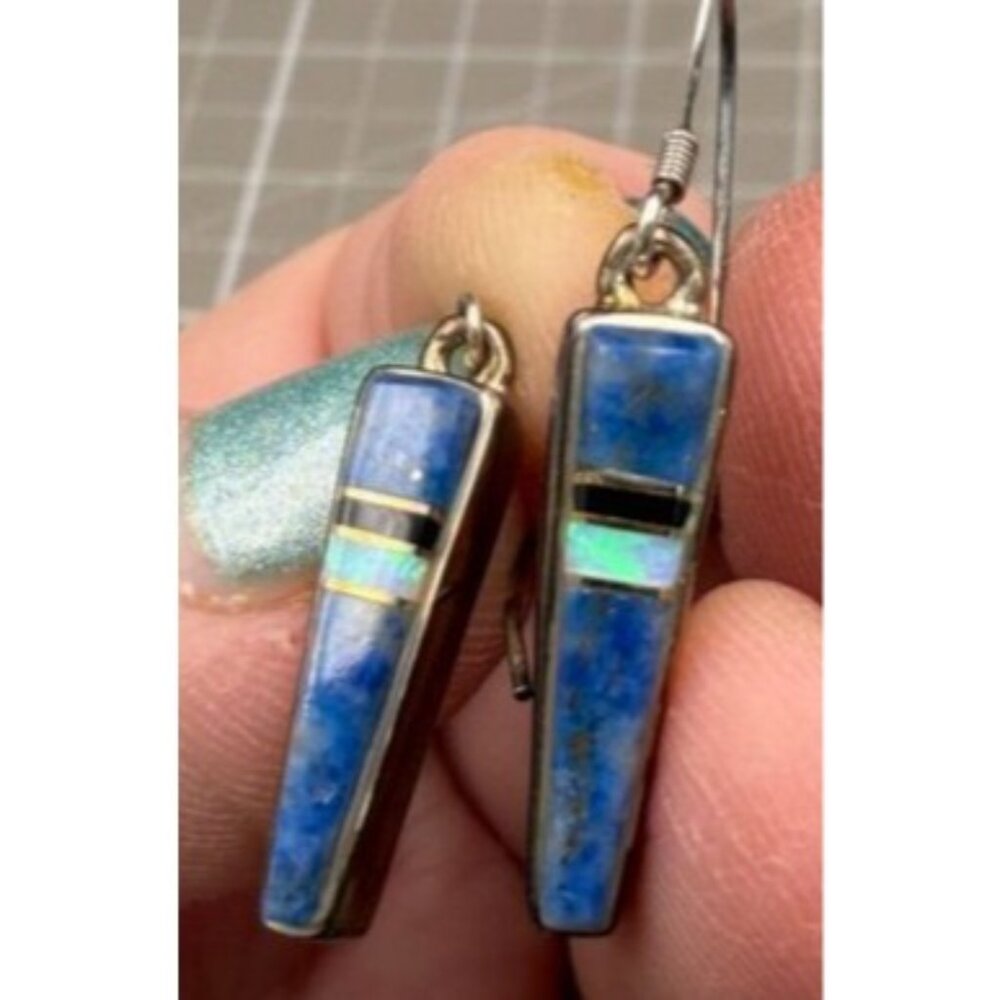 Vintage Earrings Lapis Oval Onyx Inlay First American Traders Sterling Silver